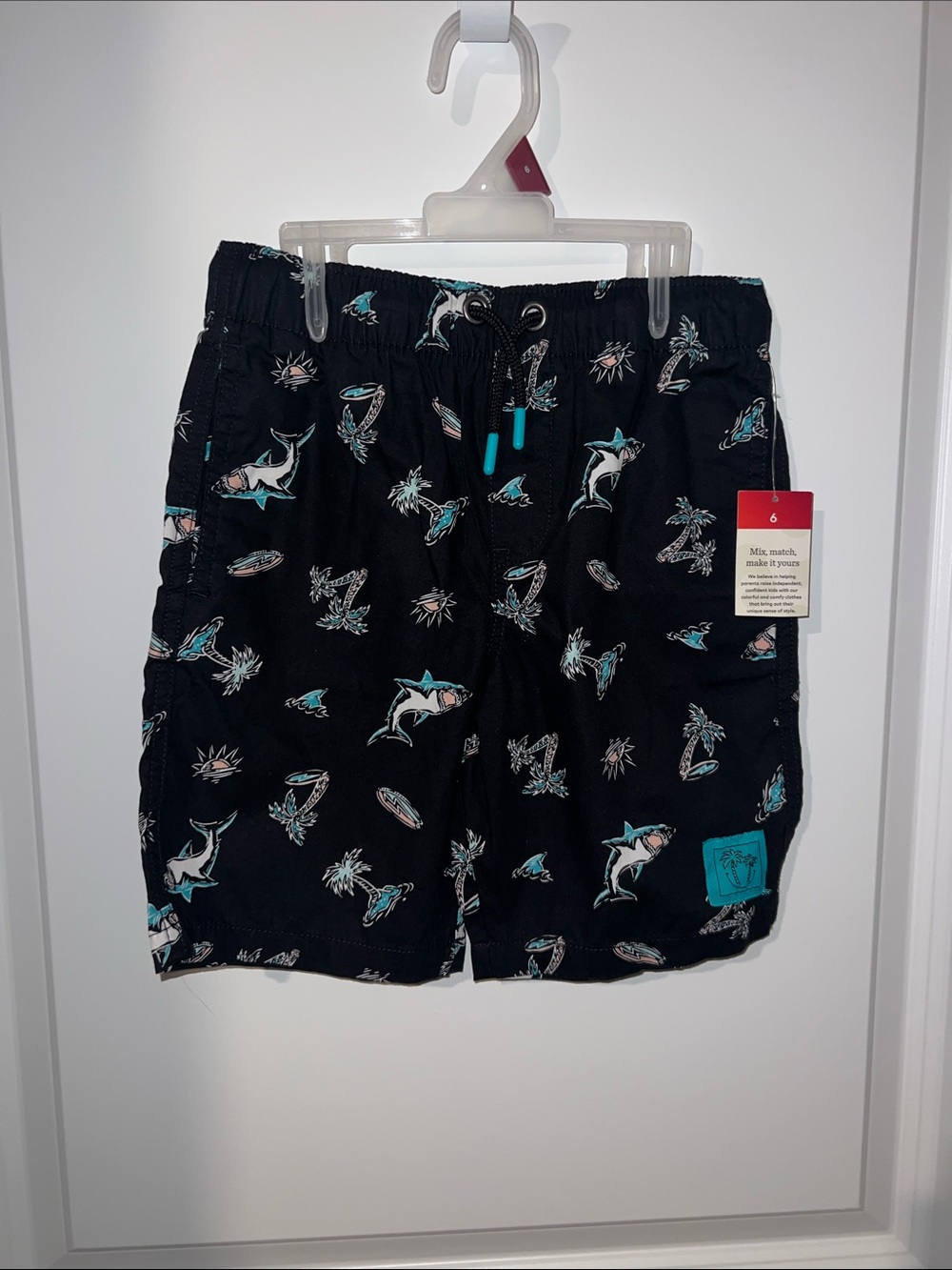 Black Shark-Print Hybrid Swim Shorts with Elastic Waist
